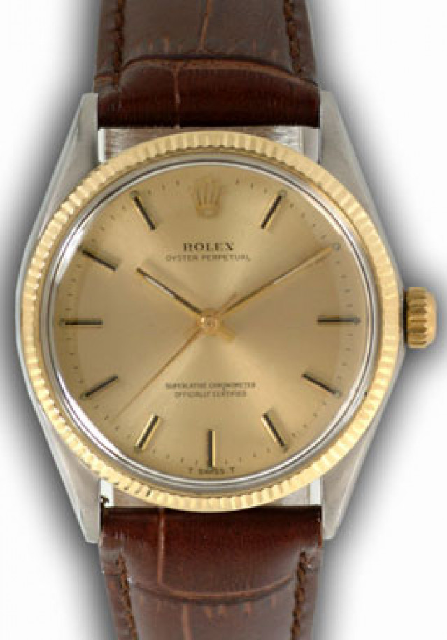 Rolex 1005 Yellow Gold & Steel on Strap, Fluted Bezel Champagne with Gold Index